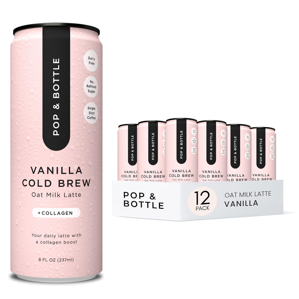 Pop & Bottle vanilla oat latte can, convenient on-the-go drink.