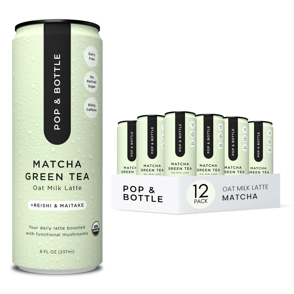 Pop & Bottle matcha-reishi-maitake latte can for on-the-go energy and nourishment.