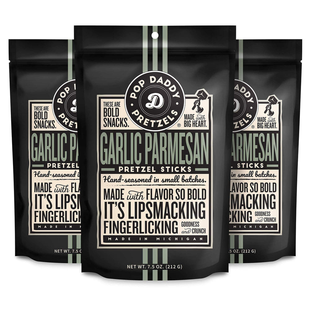 Pop Daddy Garlic Parmesan pretzel sticks in packaging for a convenient, savory snack on the go