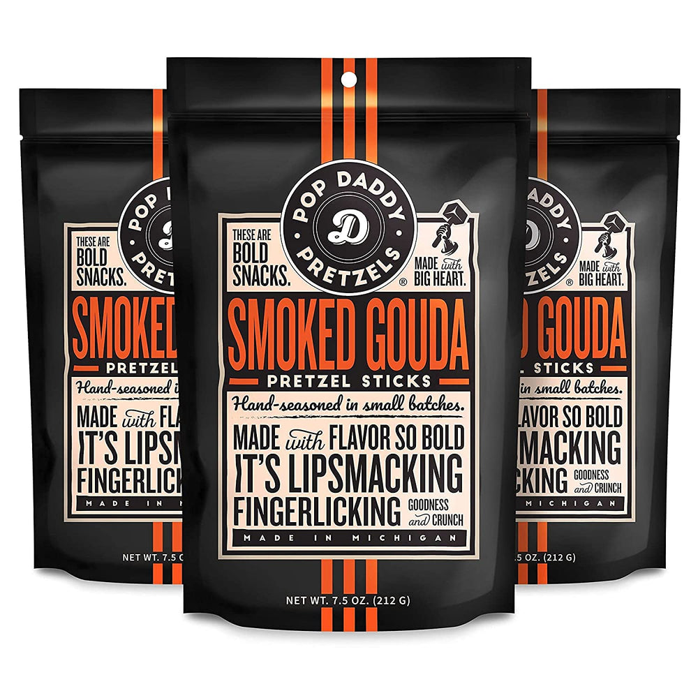 Pop Daddy Smoked Gouda pretzels bag showing bold flavor for snacking.