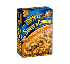 Pop Secret caramel microwave popcorn bag—fluffy kernels with caramel glaze, ideal for movie night.