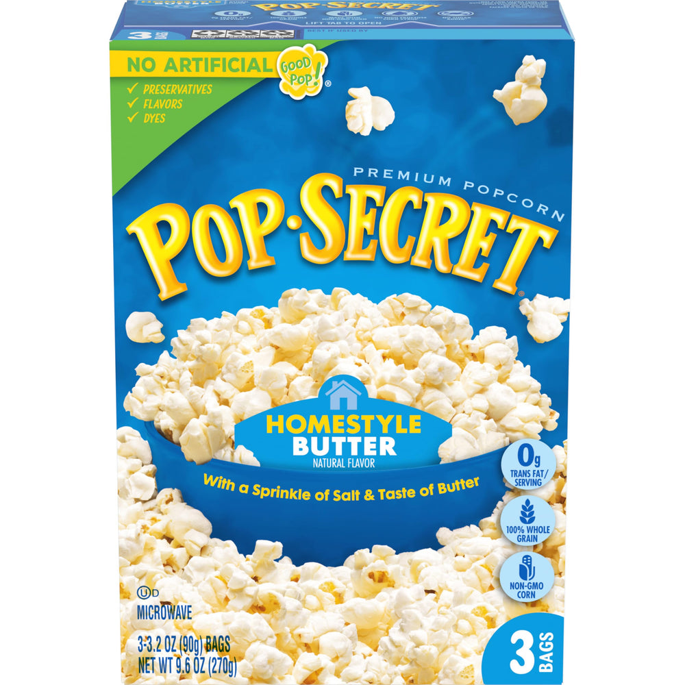 Pop Secret Homestyle Butter popcorn bag close-up; rich butter flavor for cozy movie nights.