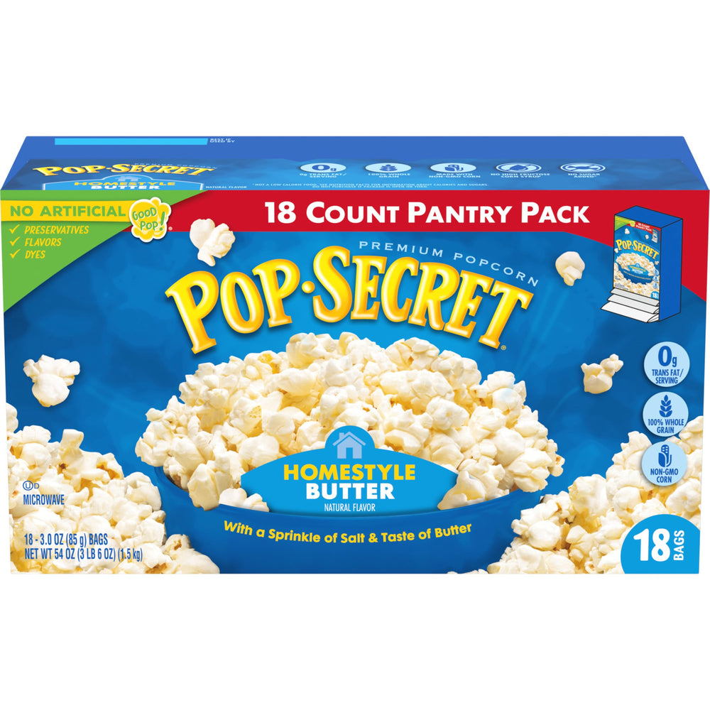 Pop Secret Homestyle Butter popcorn bag ready for quick movie night snacking.
