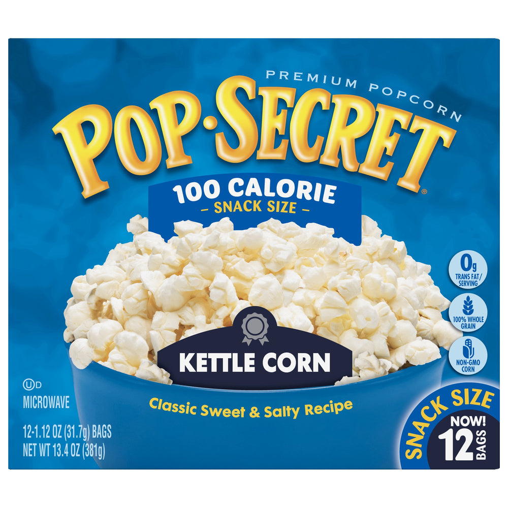 Pop Secret kettle corn pack front view ideal for family movie night.