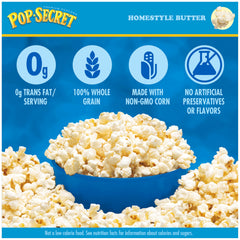 Pop Secret microwave popcorn setup showing fast, convenient 3-4 minute popping.