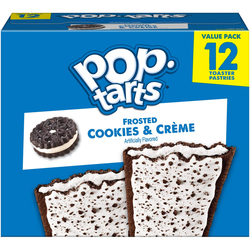Pop-Tarts Frosted Cookies and Creme box front, a ready-to-eat grab-and-go breakfast option.