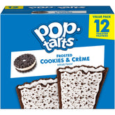 Pop-Tarts Frosted Cookies and Creme box front, a ready-to-eat grab-and-go breakfast option.