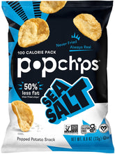 Popchips Sea Salt 0.8oz bag displaying gluten-free, low-calorie snack.