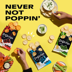 Popchips sea-salt bag close-up, gluten-free convenient snack.