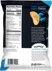 Popchips Sea Salt Potato Chips pack display with 24 single-serve bags for portable snacking.