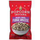 Popcorn Indiana black white drizzle bag, chocolate drizzle showcases a movie-night treat.