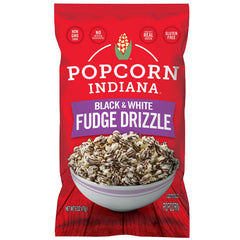 Popcorn Indiana black white drizzle bag, chocolate drizzle showcases a movie-night treat.
