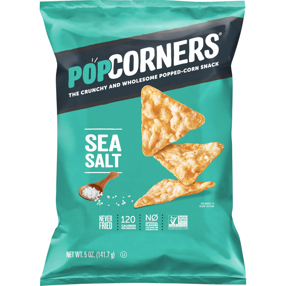 PopCorners Sea Salt bag open with crispy popped corn for a quick, savory snack.