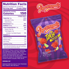 Popcornopolis Fuego Takis bag back highlights gluten-free claim and serving details