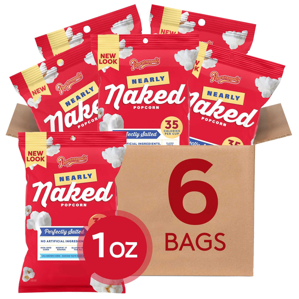 Popcornopolis Nearly Naked popcorn bags close-up showing simple ingredients for a light snack