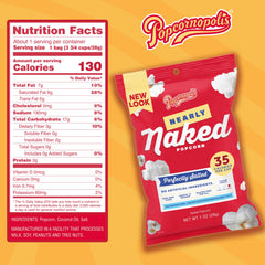 Popcornopolis Nearly Naked popcorn six-pack front view highlighting convenient, shareable snack packs