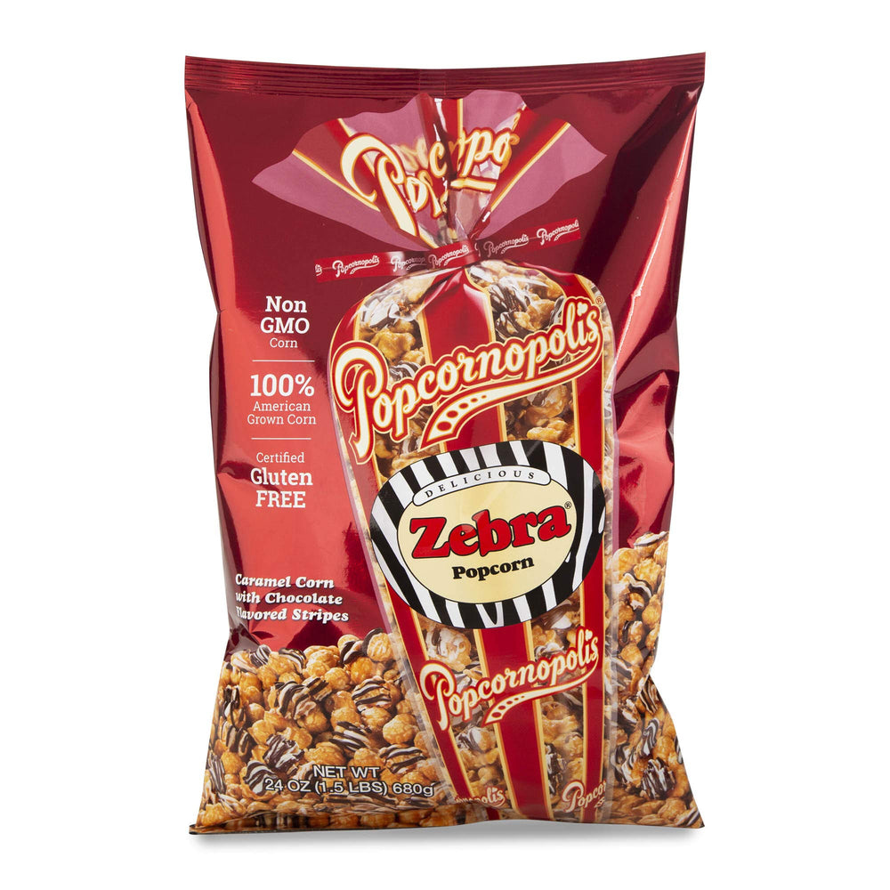 Popcornopolis Zebra striped caramel popcorn in a 24oz bag, gluten-free and American grown.