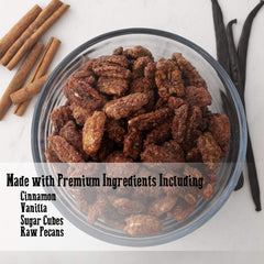 Pop’N Nuts Cinnamon Pecans roasted in a copper kettle, rich and crunchy.