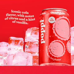 Poppi Classic Cola pouring into a glass with steady fizz and inviting aroma.