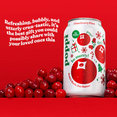 poppi cranberry fizz can close-up highlighting carbonation and prebiotic ingredient detail