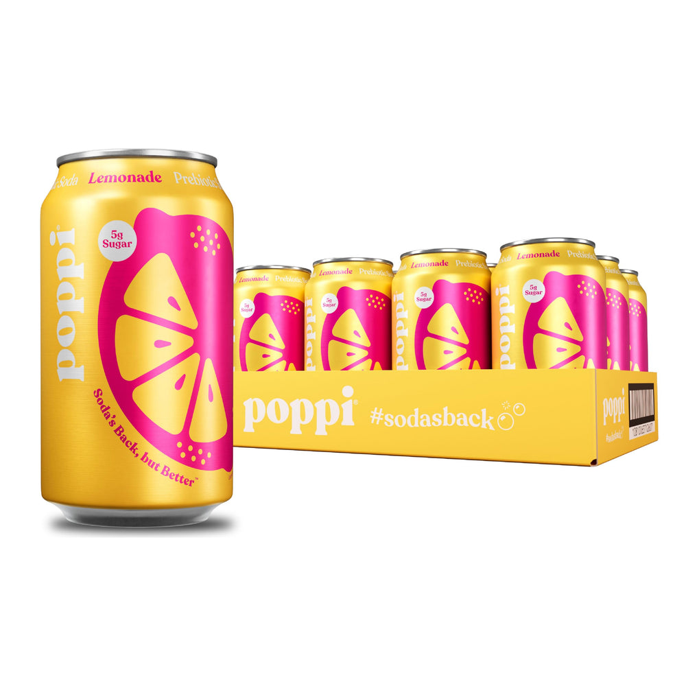 poppi front can showing lemonade label and low sugar benefits