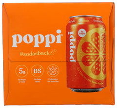 Poppi Orange prebiotic soda 4-pack display for sharing.