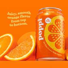 Poppi Orange Soda label close-up, emphasizing premium ingredients and citrus appeal.