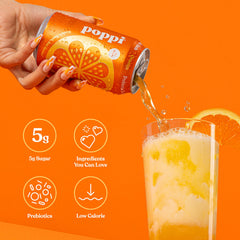Poppi orange prebiotic soda side view highlighting bold color and bubbles