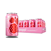 Poppi Raspberry Rose can close-up with fizz, ideal for a refreshing prebiotic drink on the go.