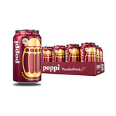 Poppi Root Beer bottle closeup highlighting bold flavor and prebiotic ingredients.