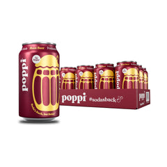 Poppi Root Beer bottle closeup highlighting bold flavor and prebiotic ingredients.