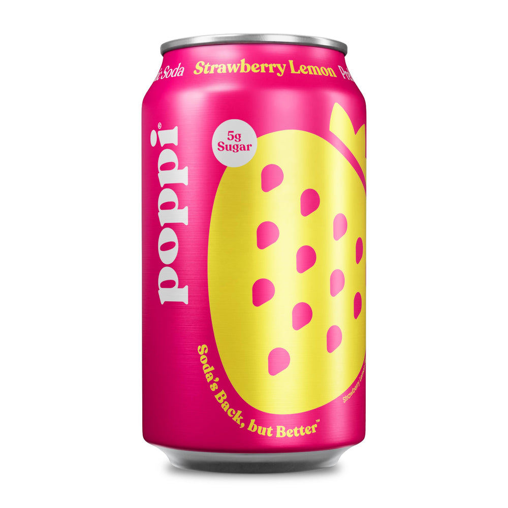 Poppi Sparkling Strawberry Lemon bottle highlights premium ingredients for a premium sip.