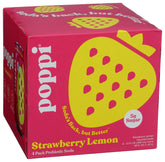 Poppi Strawberry Lemon bottle pour showing a refreshing prebiotic sip on the go.