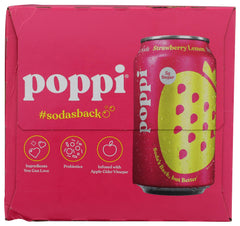 Poppi Strawberry Lemon label front showing bold flavor appeal and prebiotic benefits.