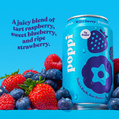 poppi wild berry can in hand demonstrating 12 fl oz single-serve size for on-the-go convenience