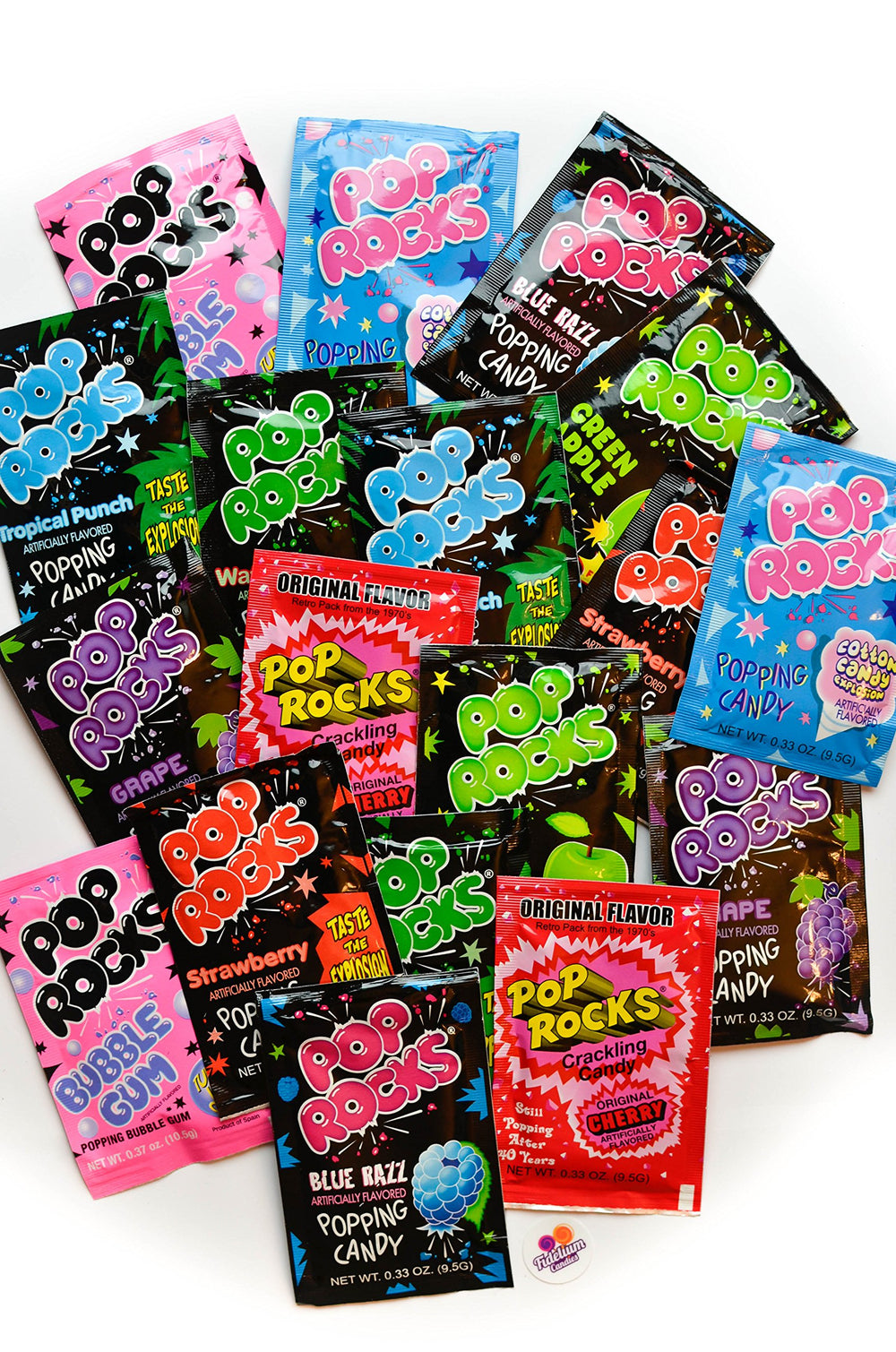 Pop Rocks Ultimate Assortment 18-pack display shows nine flavors for sharing.