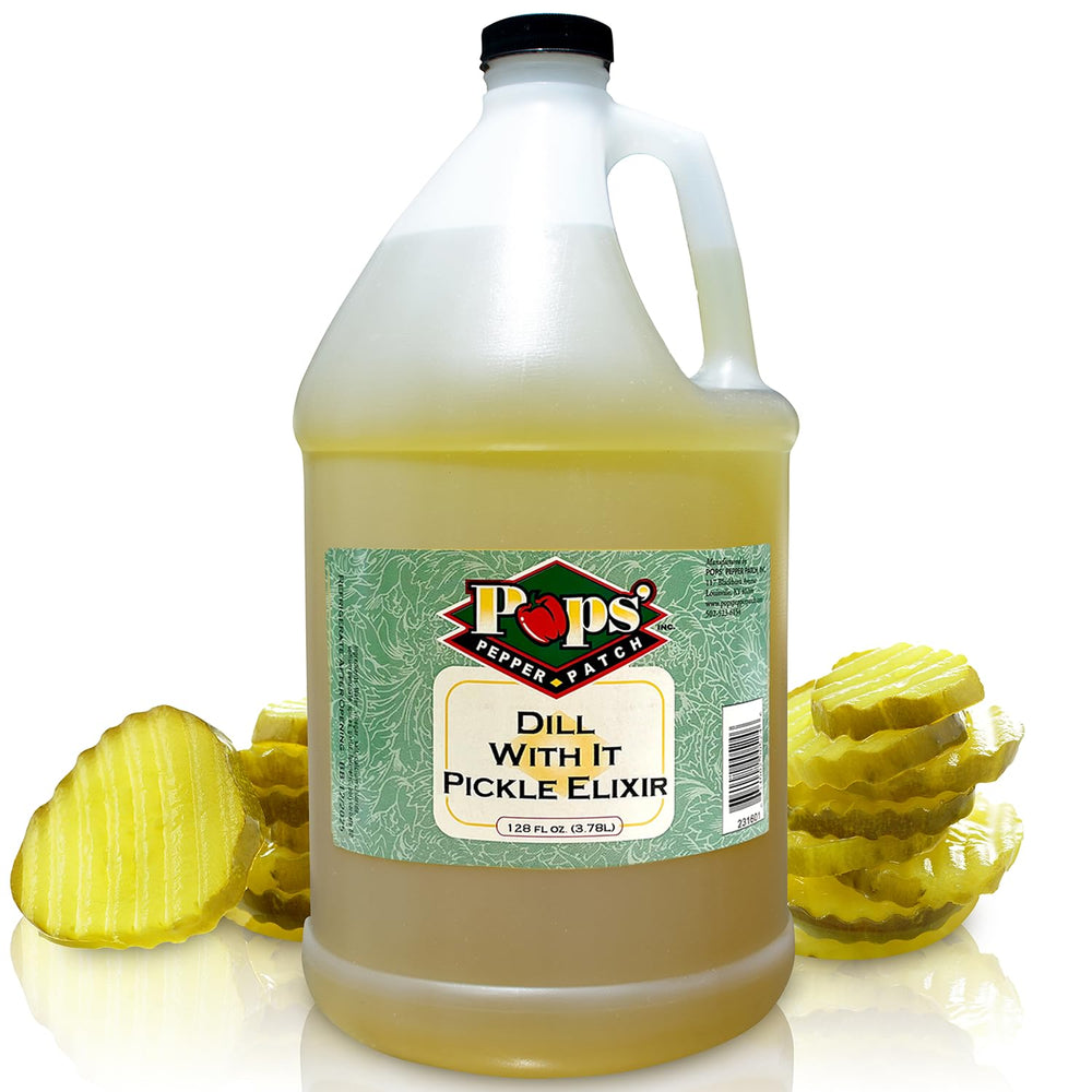 POPS' PEPPER PATCH dill pickle elixir bottle with real dill juice for hydration