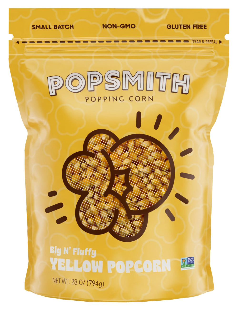 POPSMITH 28oz yellow kernels ready for stovetop popping for theater-style popcorn.