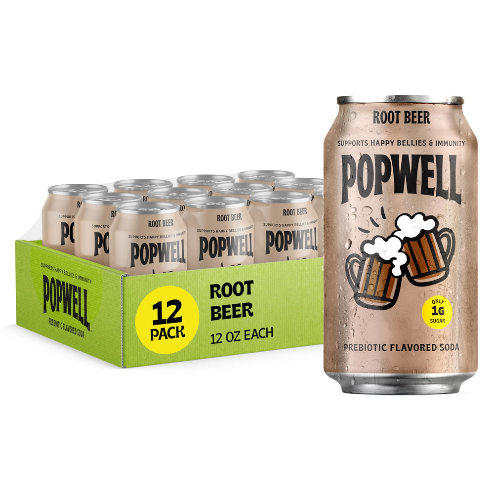 Popwell Root Beer 12-pack cans offering convenient, fiber-rich flavor