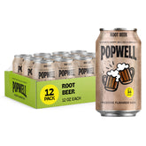Popwell Root Beer 12-pack cans offering convenient, fiber-rich flavor