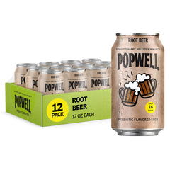 Popwell Root Beer 12-pack cans offering convenient, fiber-rich flavor