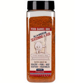 Pork Barrel BBQ All American Seasoning jar label showing versatile smoky flavor for meats