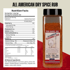 Close-up of Pork Barrel BBQ All American Seasoning lid highlighting gluten-free and sugar-free formula