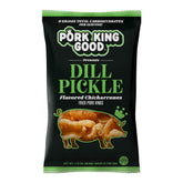 Pork King Good Dill Pickle Pork Rinds 4-pack, crispy keto-friendly snack.