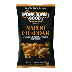 Pork King Good Nacho Cheddar pork rinds 4-pack, front view, zero carb snack.