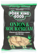 Pork King Good Onion & Sour Cream pork rinds in a 7 oz bag, a keto-friendly snack.