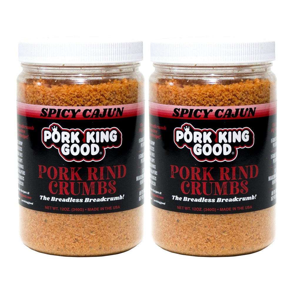 Pork King Good pork rind breadcrumbs jar close-up, zero-carb ingredient option.