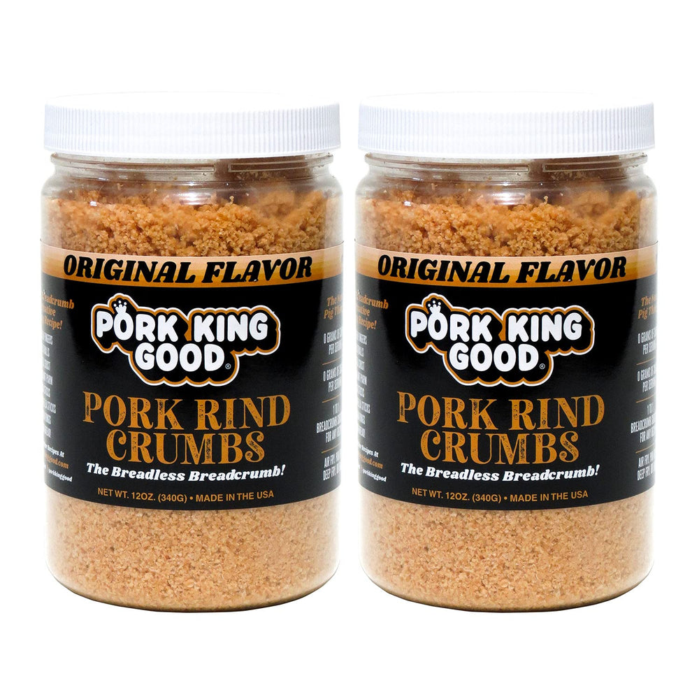 Pork King Good pork rind crumbs jar close-up for keto-friendly breading option