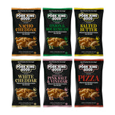 Pork King Good pork rinds variety six-pack on a tidy setup for keto snacking.