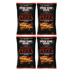 Four-pack display of Pork King Good chicharrones arranged for quick, portable snacking.